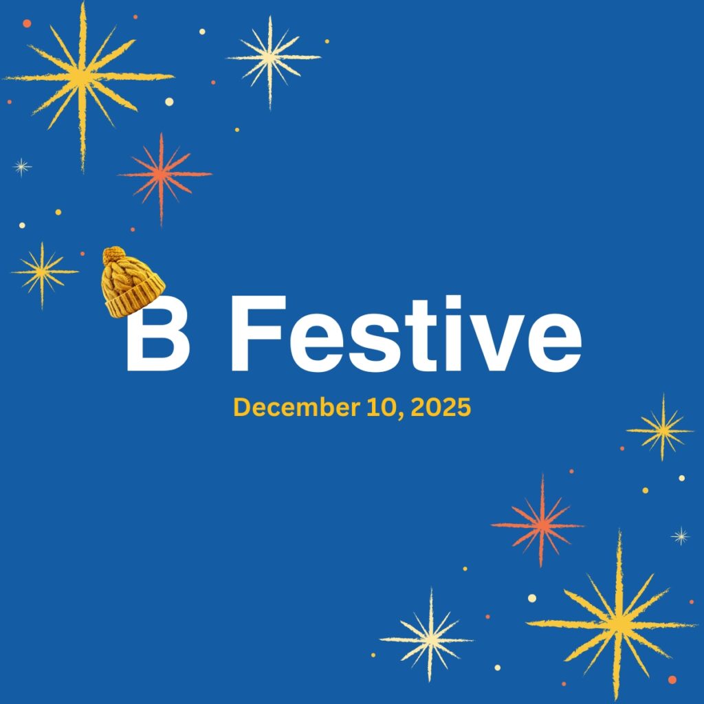 B Festive. December 10, 2025. Festive stars and hat stickers.